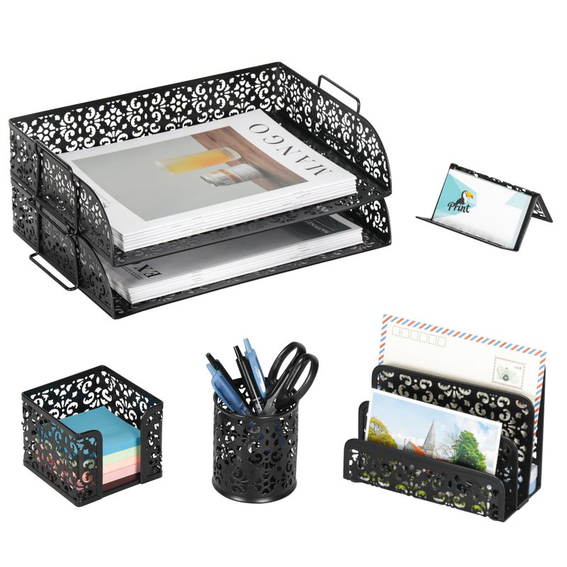 EasyPAG Desk Organizers and Accessories 5 Pieces Office Supplies Set - 2 Tier Paper Tray, Pencil Organizer for Desk, Mail Sorter Countertop, Business Card Holder and Sticky Note Holder, Black - Image 1