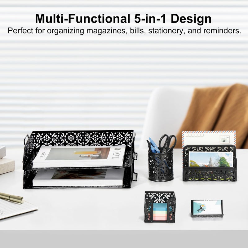 EasyPAG Desk Organizers and Accessories 5 Pieces Office Supplies Set - 2 Tier Paper Tray, Pencil Organizer for Desk, Mail Sorter Countertop, Business Card Holder and Sticky Note Holder, Black - Image 3