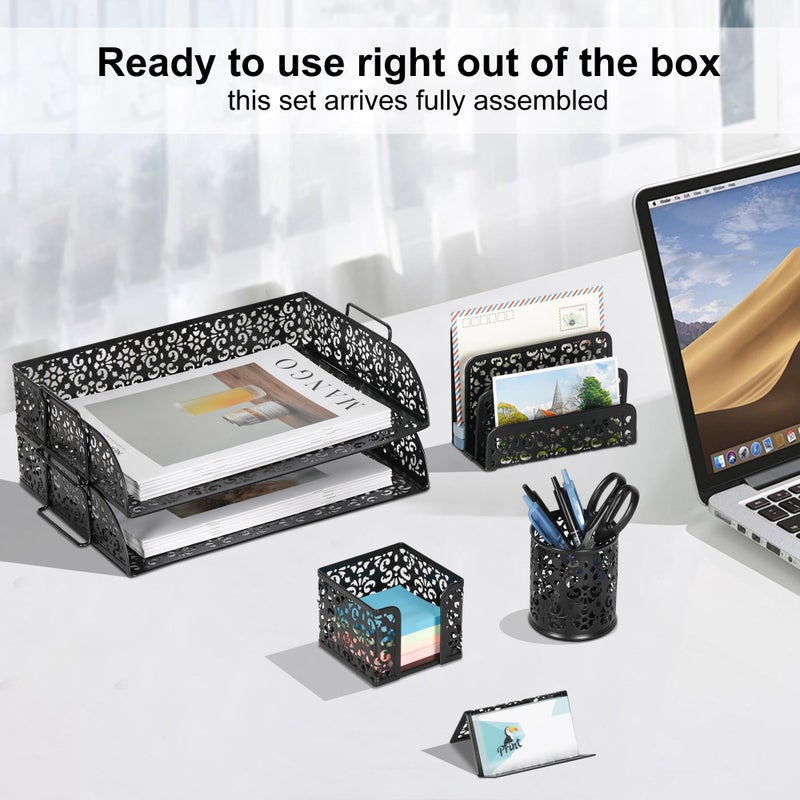 EasyPAG Desk Organizers and Accessories 5 Pieces Office Supplies Set - 2 Tier Paper Tray, Pencil Organizer for Desk, Mail Sorter Countertop, Business Card Holder and Sticky Note Holder, Black - Image 4