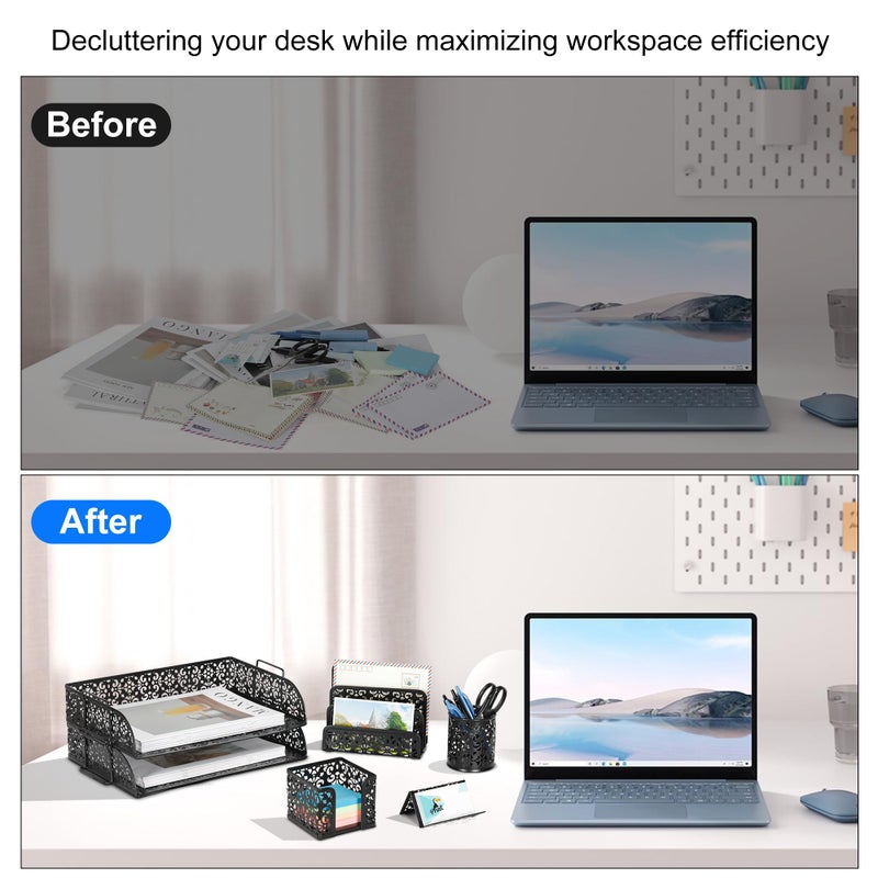 EasyPAG Desk Organizers and Accessories 5 Pieces Office Supplies Set - 2 Tier Paper Tray, Pencil Organizer for Desk, Mail Sorter Countertop, Business Card Holder and Sticky Note Holder, Black - Image 5