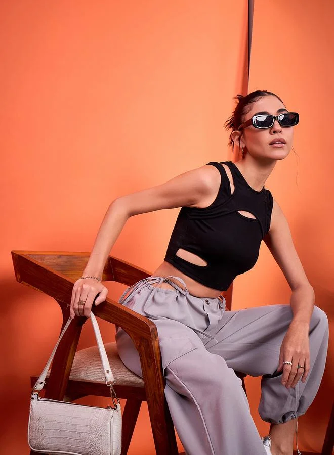 Uptownie Black Cut-Out Detail Ribbed Crop Top