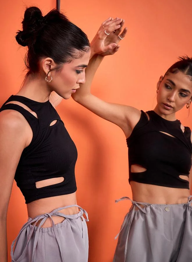 Uptownie Black Cut-Out Detail Ribbed Crop Top