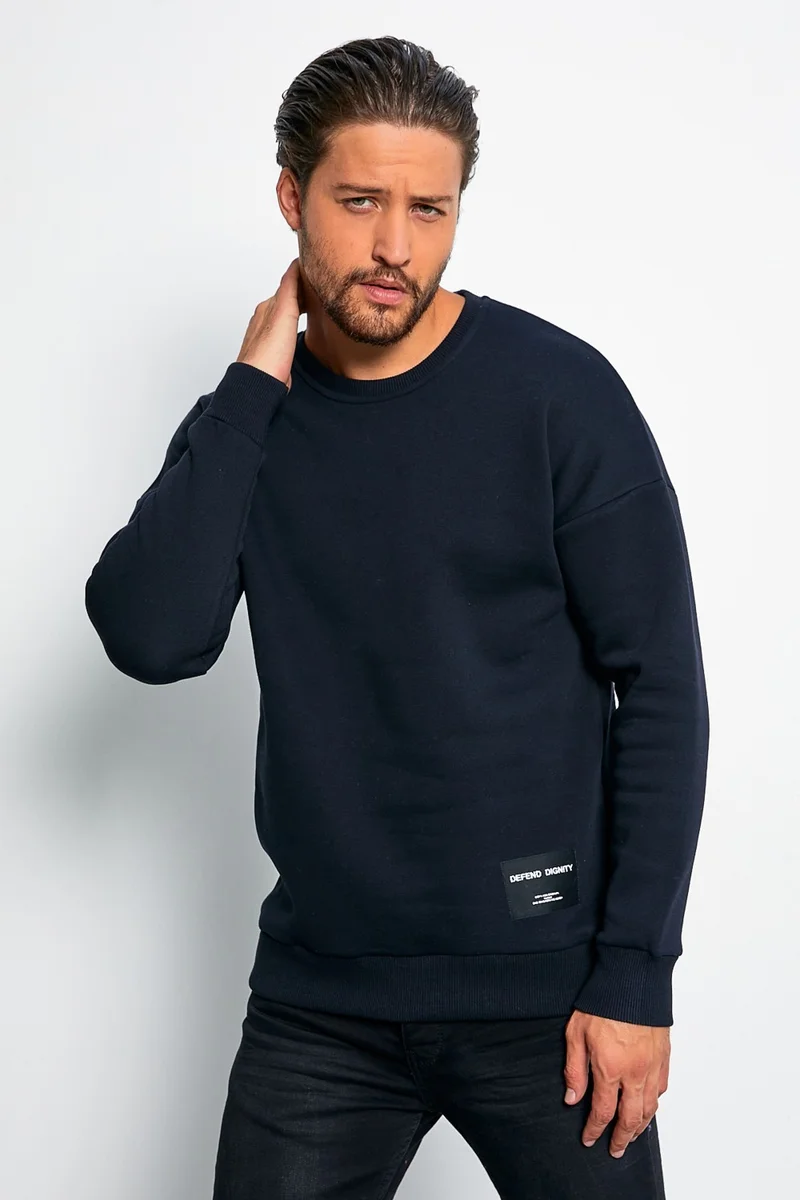 MRS Clothing Defend Men's Navy Blue Oversize Daily Crew Neck Woolen Casual Sports Sweatshirt