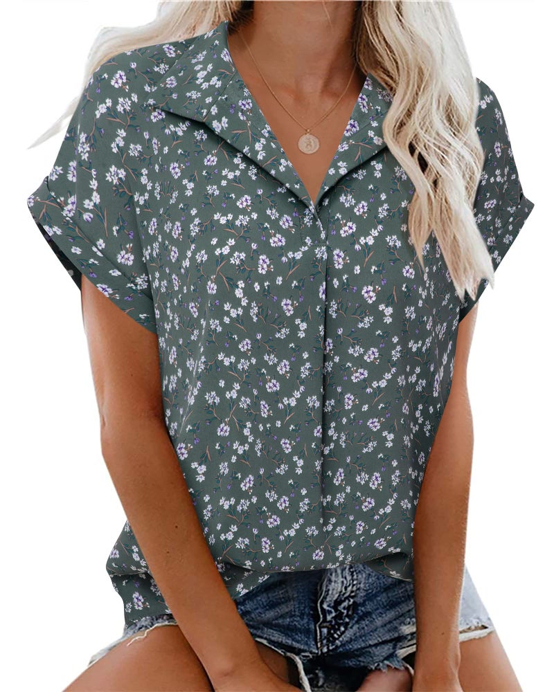 Timeson Womens Short Sleeve Tops: Work Office Summer Ladies Tops and Blouses Dressy Casual Womens Dress Shirts Professional Formal Chiffon Business Attire V Neck Interview Career Clothes Multi-Green - Image 3