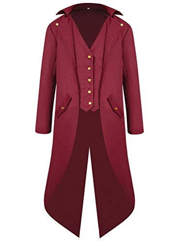 SIAEAMRG Renaissance Steampunk Tailcoat Halloween Costumes for Boys, Medieval Pirate Vampire Victorian Jacket Vintage Frock Coat Children Kids (Wine Red, XL) - Image 1