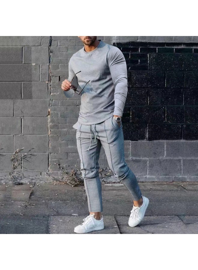 Men's Casual Long Sleeve T-Shirt And Pants Set round Neck Spring Two-Piece Pure Color Comfortable Lightweight Outfit - Image 1