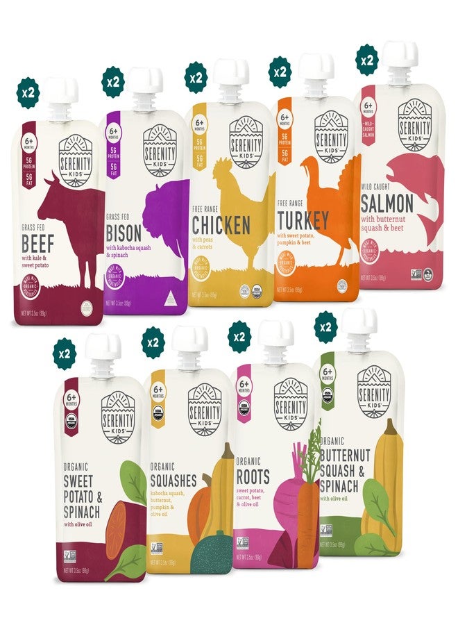 Serenity Kids 6+ Months Meats + Veggies Mixed Baby Food Puree Pouch Variety Pack 18 Count- No Sugary Fruits or Added Sugar - 3.5 Oz BPA & Allergen Free Pouch- Baby Puree Variety Pack - Pouches - Bison - Image 1