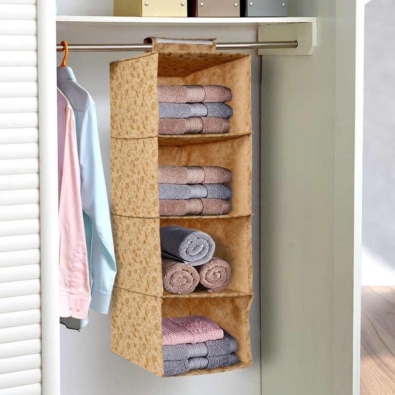 Kuber Industries Metalic Floral Print Non Woven Hanging 4 Shelves Foldable Wardrobe/Closet Cloth Organizer (Beige), 31 X 26 X 78 Cm - Image 1