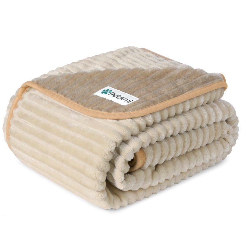 PetAmi Waterproof Dog Blanket, Leakproof Pet Blanket for Small Medium Large Dogs, Reversible Furniture Bed Sofa Couch Cover Protector, Plush Striped Pet Throw for Indoor Cat, 24x32 in, Taupe Beige - Image 1