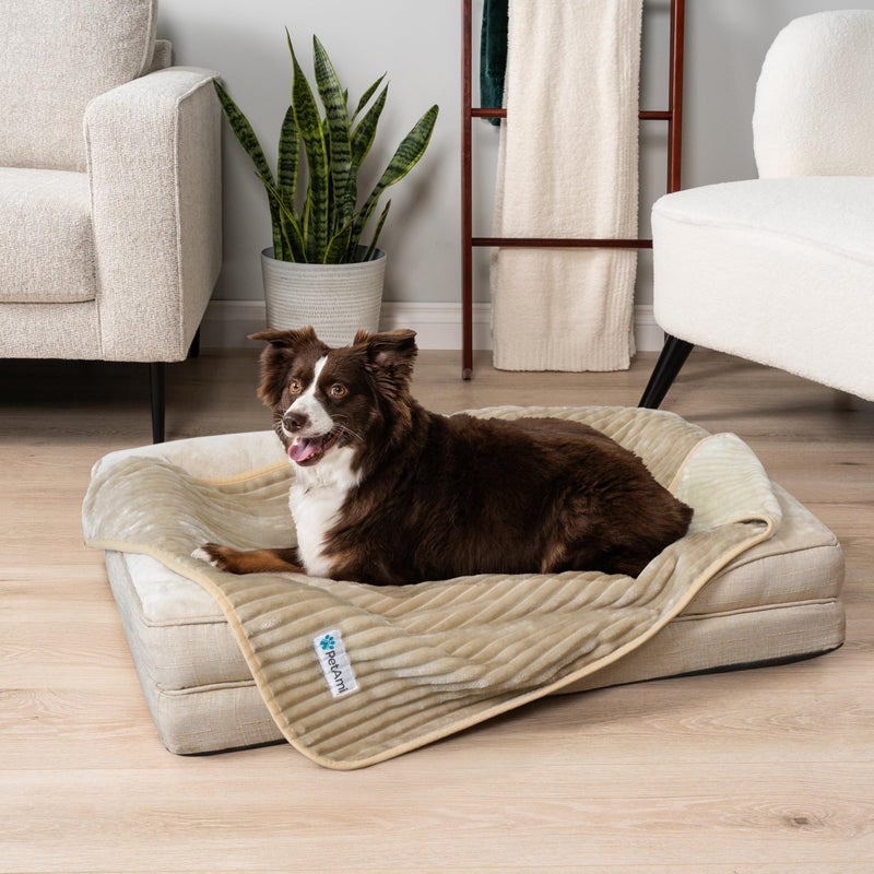 PetAmi Waterproof Dog Blanket, Leakproof Pet Blanket for Small Medium Large Dogs, Reversible Furniture Bed Sofa Couch Cover Protector, Plush Striped Pet Throw for Indoor Cat, 24x32 in, Taupe Beige - Image 4