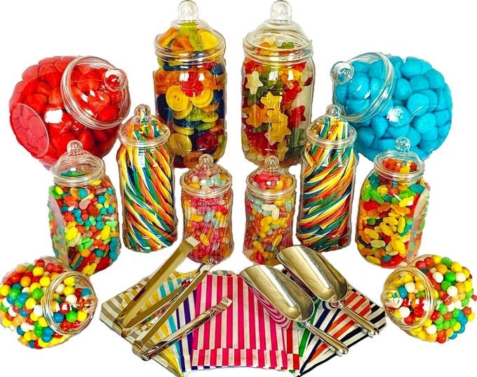 JUMBO 12 ASSORTED JARS 2 SCOOPS 2 TONGS 100 BAGS VINTAGE VICTORIAN PICK MIX SWEET SHOP CANDY BUFFET KIT PARTY PACK PINK