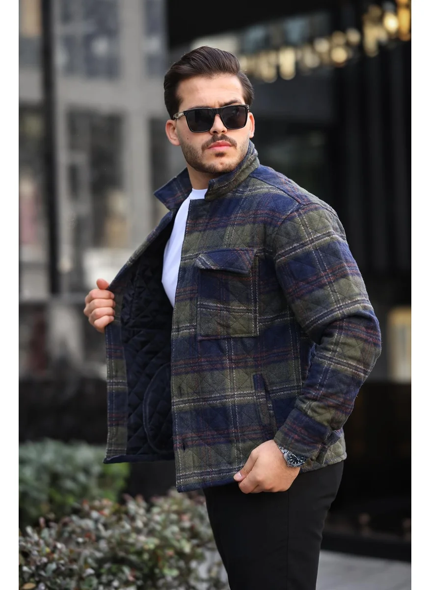 Miron Khaki Navy Blue Plaid Quilted Detail Regular Fit JACKET-2454