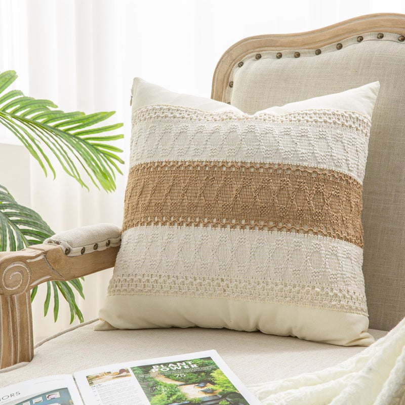 Mayler Yee Throw Pillow Covers 20 x 20 Inch 1PC for Farmhouse Living Room  Cotton & Burlap Textured Striped Woven Boho Pillow Covers (Beige & Brown  Single Striped) - Image 1