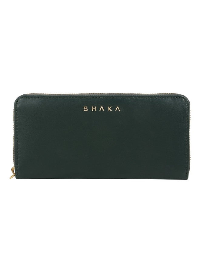 SHAKA Smooth Zipper Card Organiser Leather Women's Wallet Wristlet Bottle Green - Image 1