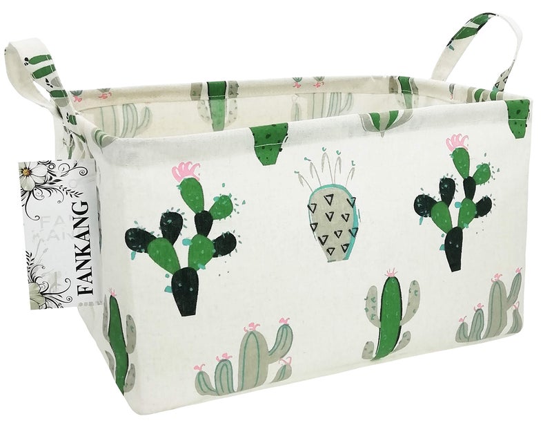 FANKANG Storage Basket,Nursery Hamper Canvas Laundry Basket Foldable with Waterproof PE Coating Storage, Office, Bedroom, Clothes,Toys (L, Rec-Cactus) - Image 1