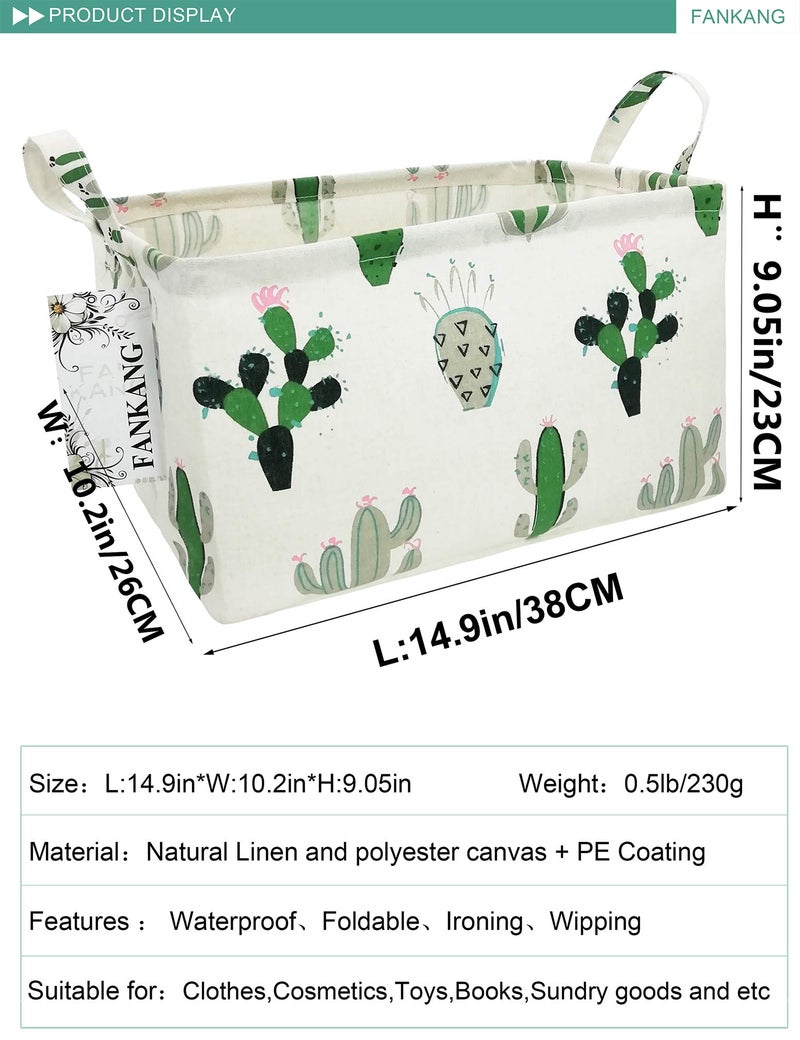 FANKANG Storage Basket,Nursery Hamper Canvas Laundry Basket Foldable with Waterproof PE Coating Storage, Office, Bedroom, Clothes,Toys (L, Rec-Cactus) - Image 2