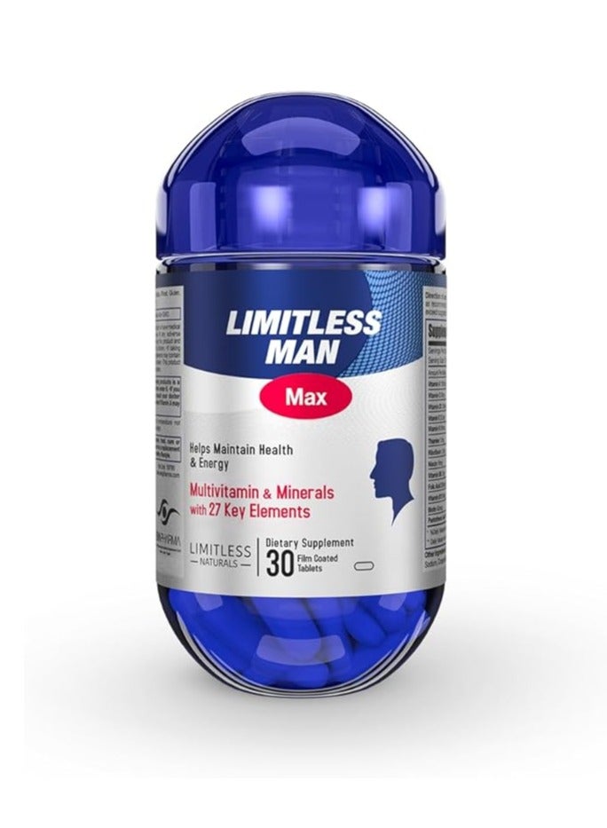 Limitless Man Max – Men’s Daily Multivitamins with 27 Essential Nutrients – Energy, Vitality & Immune Support – Vitamins with Iron, D & B Complex – 30 Tablets - Image 1