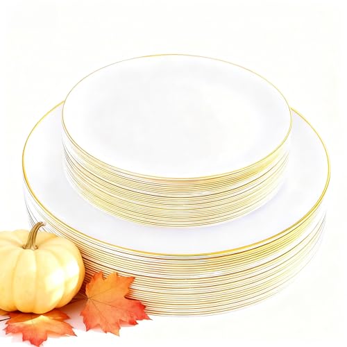 KIRE 60PCS Gold Plastic Plates - Thanksgiving Heavy Duty White Disposable Plates with Gold Rim for Party/Wedding- Include 30Pieces 10.25inch Dinner Plate and 30Pcs 7.5inch Dessert Plate - Image 1