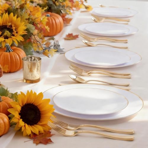 KIRE 60PCS Gold Plastic Plates - Thanksgiving Heavy Duty White Disposable Plates with Gold Rim for Party/Wedding- Include 30Pieces 10.25inch Dinner Plate and 30Pcs 7.5inch Dessert Plate - Image 2