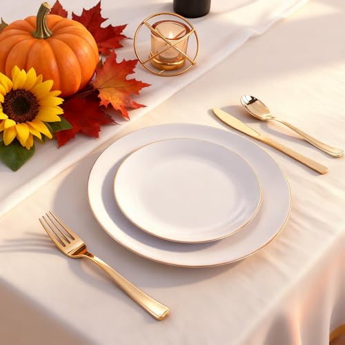 KIRE 60PCS Gold Plastic Plates - Thanksgiving Heavy Duty White Disposable Plates with Gold Rim for Party/Wedding- Include 30Pieces 10.25inch Dinner Plate and 30Pcs 7.5inch Dessert Plate - Image 4