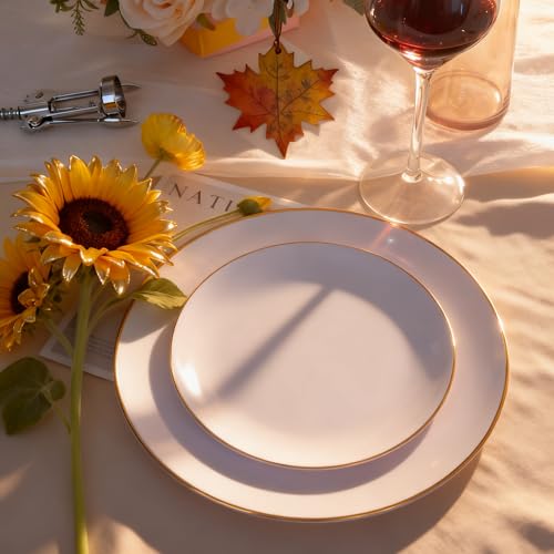KIRE 60PCS Gold Plastic Plates - Thanksgiving Heavy Duty White Disposable Plates with Gold Rim for Party/Wedding- Include 30Pieces 10.25inch Dinner Plate and 30Pcs 7.5inch Dessert Plate - Image 3