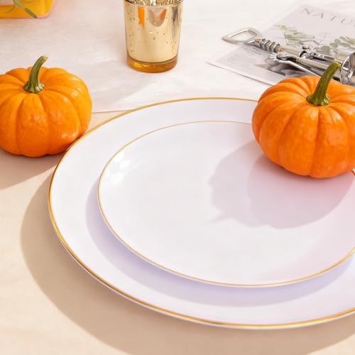 KIRE 60PCS Gold Plastic Plates - Thanksgiving Heavy Duty White Disposable Plates with Gold Rim for Party/Wedding- Include 30Pieces 10.25inch Dinner Plate and 30Pcs 7.5inch Dessert Plate - Image 5