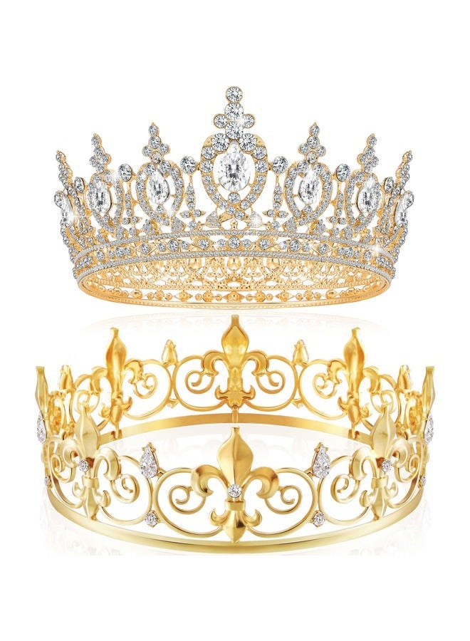 Mtlee King Crown 2 Pcs Royal King Crown Metal Crystal Tiara for Men Women Bridegroom Bride Princess for Wedding Halloween (Vintage Style) - Image 1