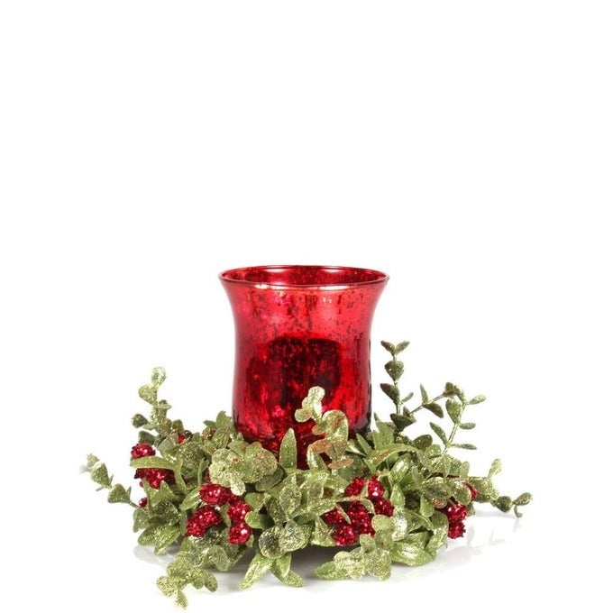 KISSING KRYSTALS SMALL RED MECURY GLASS HURRICAN CANDLE HOLDER AND MISTLETOE SET