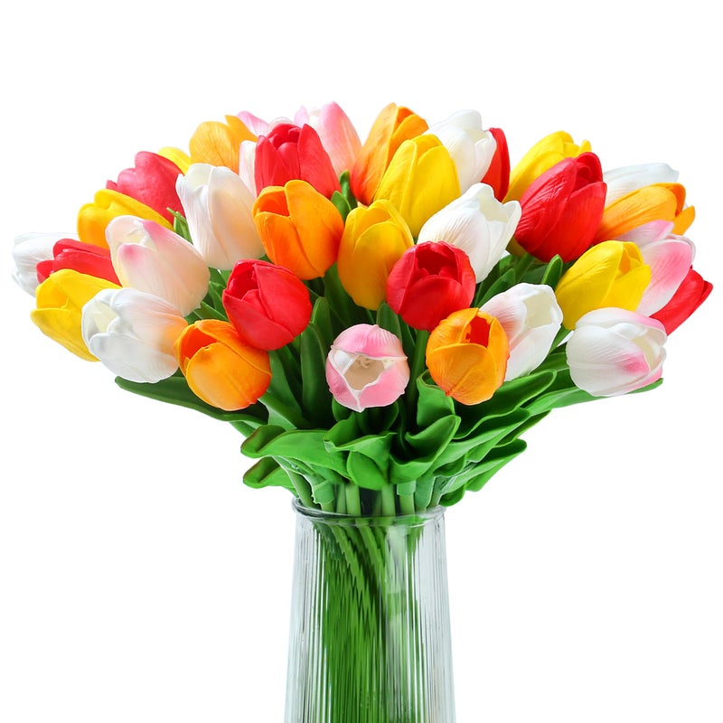AWARDSEN 20 Pcs Tulips Artificial Flowers 14" PU Real Touch Fake Tulips for Spring Easter Decor Home Living Room Wedding Centerpiece Bouquet Mother's Gift Day Decotationgs (Colorful) - Image 1