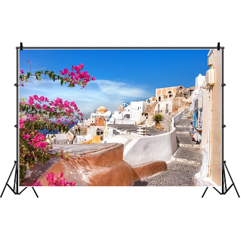 Laeacco 10x8ft Greece Santorini Island Backdrop Aegean Seascape Photography Background Seaside White House Church Wedding Wallpaper Holiday Party Honeymoon Trip Decoration Bridal Shower Party Banner