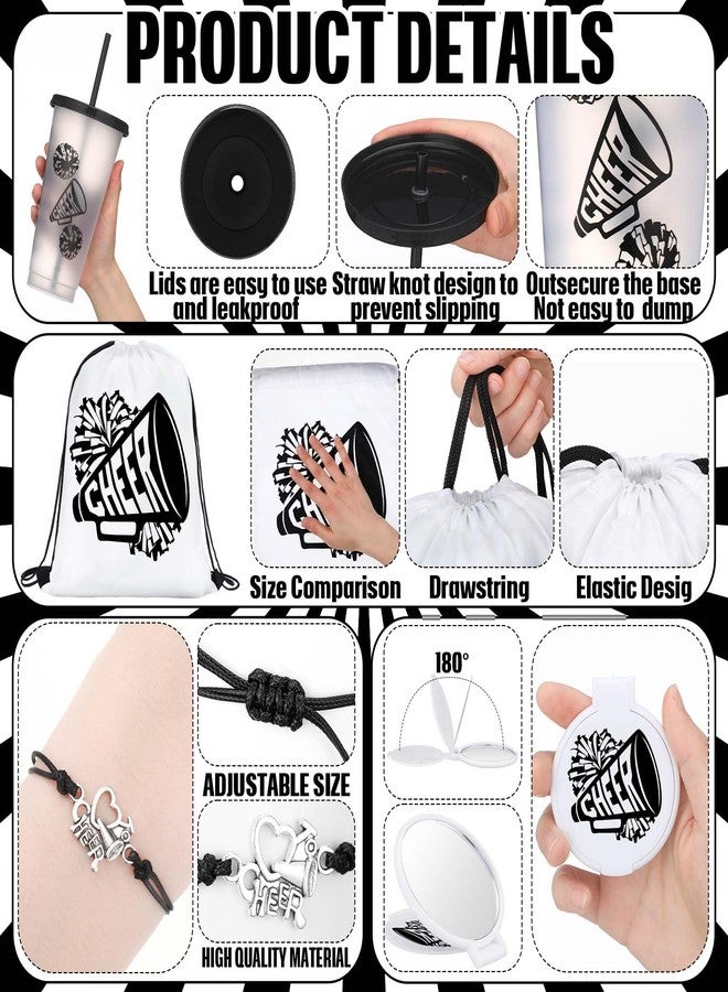 Zhehao 48 Pcs Cheerleader Gifts Bulk for Team Cheerleading Gift Include 12 Plastic Cups with Lid and Straw, Drawstring Bags, Bracelets, Compact Mirrors for Christmas Party Supplies Banquet(Black) - Image 3