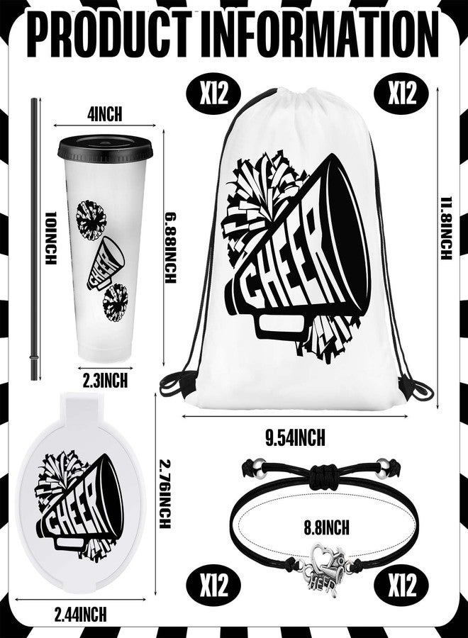 Zhehao 48 Pcs Cheerleader Gifts Bulk for Team Cheerleading Gift Include 12 Plastic Cups with Lid and Straw, Drawstring Bags, Bracelets, Compact Mirrors for Christmas Party Supplies Banquet(Black) - Image 2