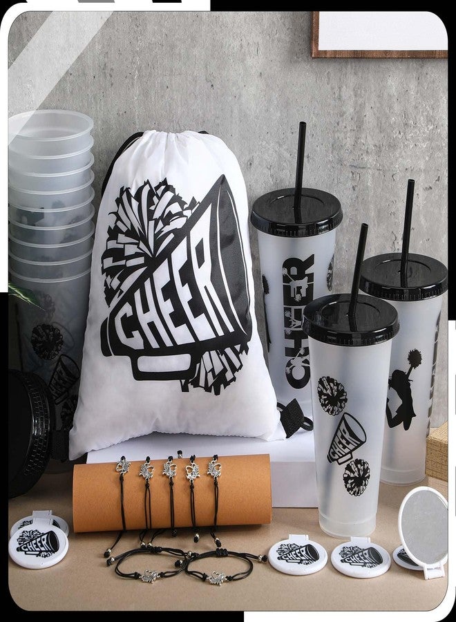 Zhehao 48 Pcs Cheerleader Gifts Bulk for Team Cheerleading Gift Include 12 Plastic Cups with Lid and Straw, Drawstring Bags, Bracelets, Compact Mirrors for Christmas Party Supplies Banquet(Black) - Image 4