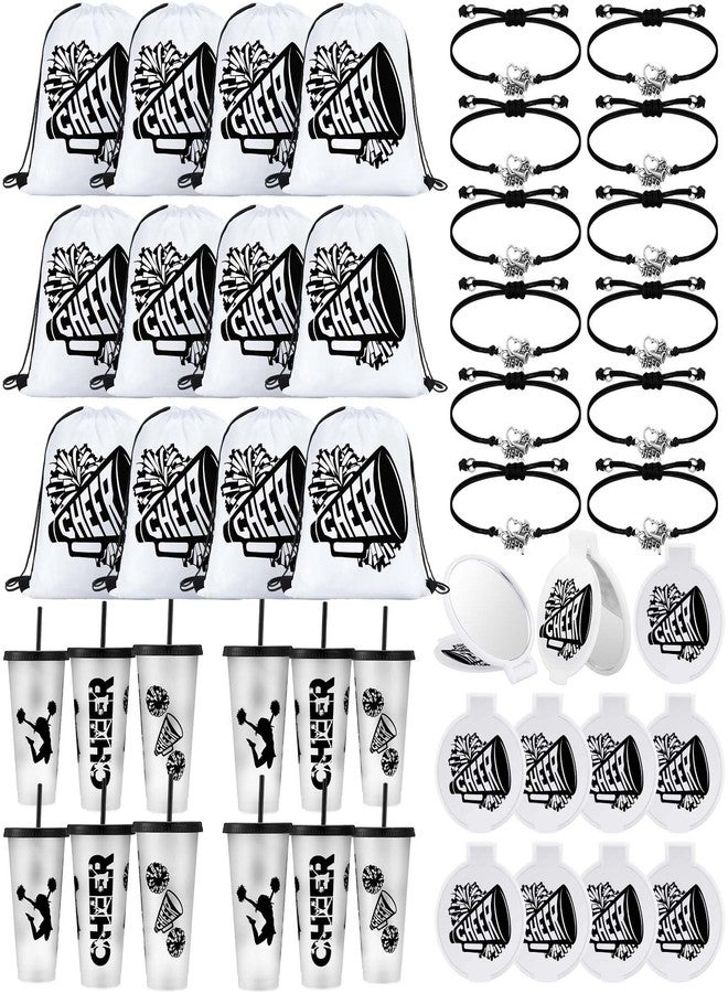 Zhehao 48 Pcs Cheerleader Gifts Bulk for Team Cheerleading Gift Include 12 Plastic Cups with Lid and Straw, Drawstring Bags, Bracelets, Compact Mirrors for Christmas Party Supplies Banquet(Black) - Image 1