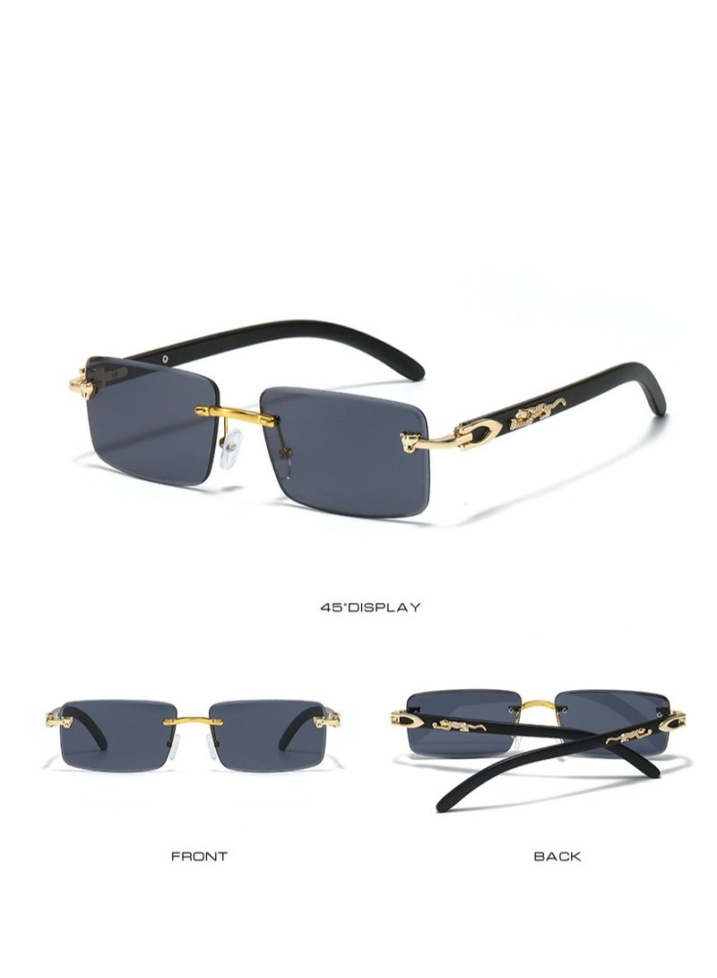 Generic Mens Gold Frame Black Tint Rimless Square Trendy Cool Sunglasses Rectangular Metal & Wood Art Glasses  - Image 2
