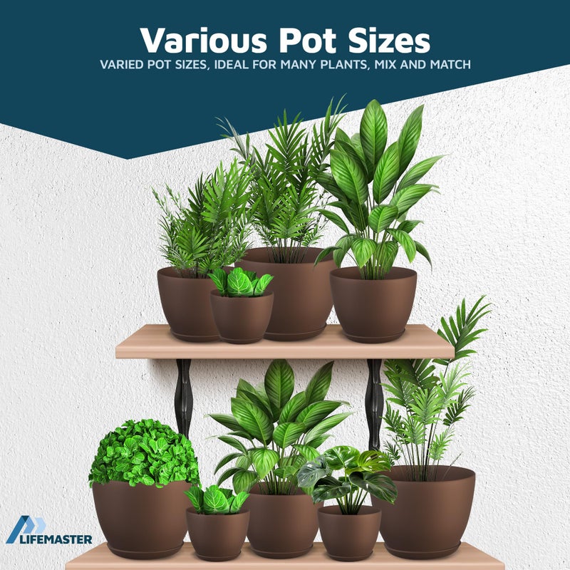 LifeMaster Brown Plant Pots with Drainage Holes & Saucers 3 Pack, Indoor & Outdoor Stackable Space-Saving Planters for Houseplants & Flowers, (7", 6.7", and 6" Inches), Durable & Weatherproof Materials - Image 4