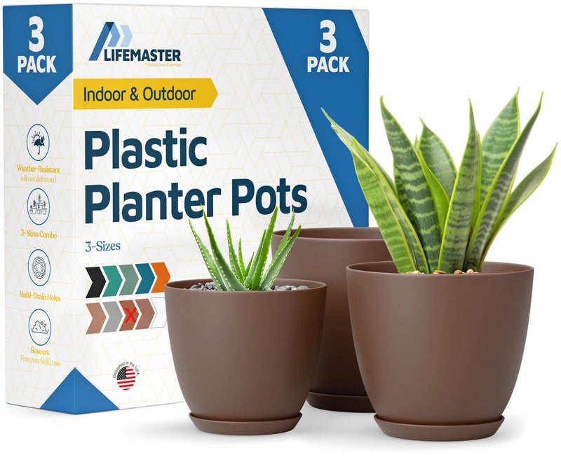 LifeMaster Brown Plant Pots with Drainage Holes & Saucers 3 Pack, Indoor & Outdoor Stackable Space-Saving Planters for Houseplants & Flowers, (7", 6.7", and 6" Inches), Durable & Weatherproof Materials - Image 1
