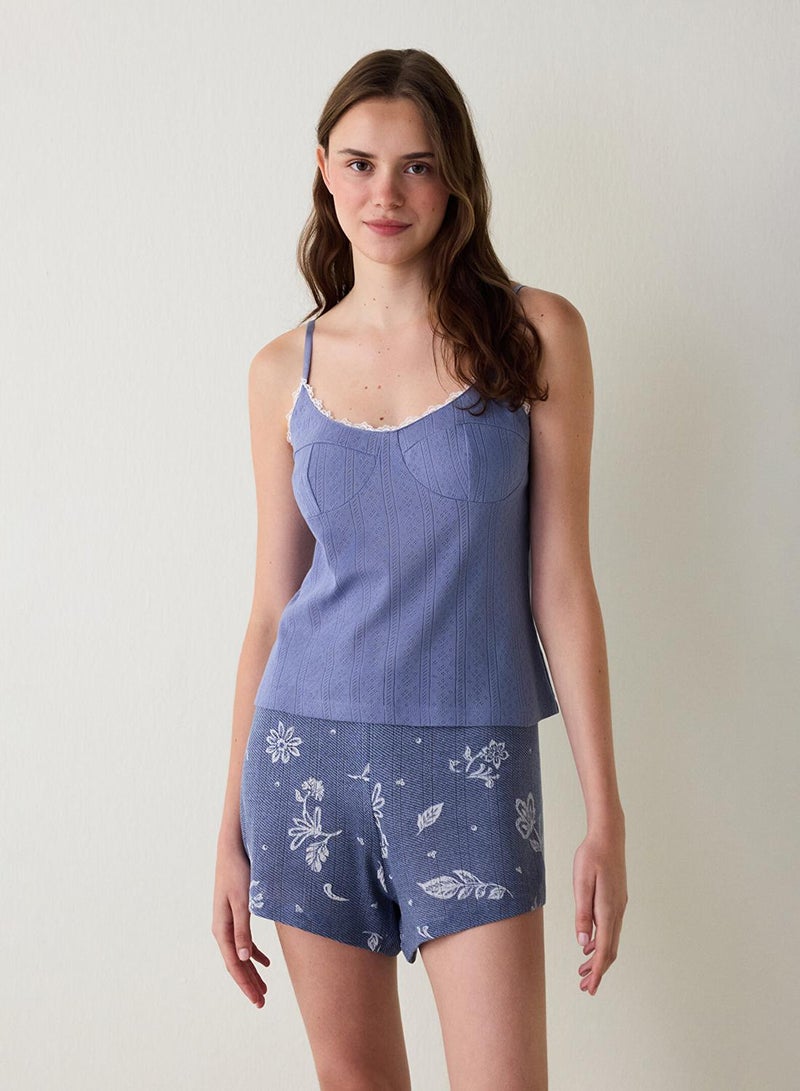 بنتي بلوزة بدون أكمام دانتيل قطن أزرق نيلي بنقوش زهور مفتوحة - Image 4