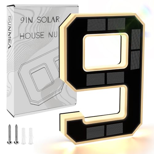 ISUNMEA 9 Inch Solar Lighted House Numbers for Outside, Light Up Waterproof LED Address Numbers Signs for Houses, Large Personalized Illuminated Exterior Modern House Numbers Light (9-Black, 9IN) - Image 1