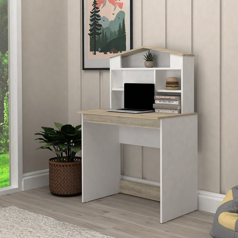 DANUBE HOME Stanley V2 Study Desk With Hutch | Arts And Crafts Desk | Modern Wooden Kids Table Set L80xW50xH128cm - Sonoma Oak & White - Image 1