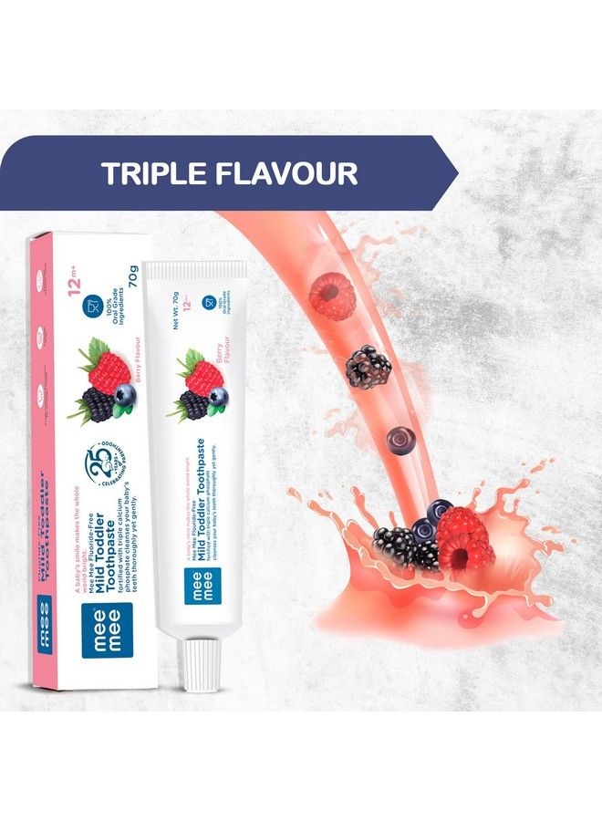 mee mee معجون أسنان للأطفال خالي من الفلورايد، مدعم بفوسفات الكالسيوم الثلاثي لحماية تجويف الفم، الأفضل للأطفال بعمر سنة واحدة + 70 جرام (عبوة من قطعتين بنكهة التوت) - Image 4