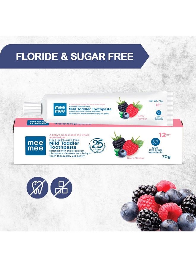 mee mee معجون أسنان للأطفال خالي من الفلورايد، مدعم بفوسفات الكالسيوم الثلاثي لحماية تجويف الفم، الأفضل للأطفال بعمر سنة واحدة + 70 جرام (عبوة من قطعتين بنكهة التوت) - Image 3