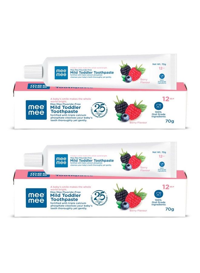 mee mee معجون أسنان للأطفال خالي من الفلورايد، مدعم بفوسفات الكالسيوم الثلاثي لحماية تجويف الفم، الأفضل للأطفال بعمر سنة واحدة + 70 جرام (عبوة من قطعتين بنكهة التوت) - Image 2