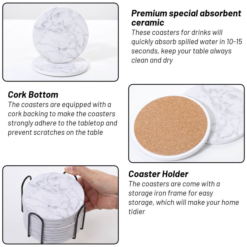 Billbotk 9 Pieces Ceramic Coasters for Drinks with Holder, Absorbent Drink Coasters for Coffee Table, Marble Style Coasters Wooden Table, Suitable for Kinds of Cups, 4 Inches - Image 4