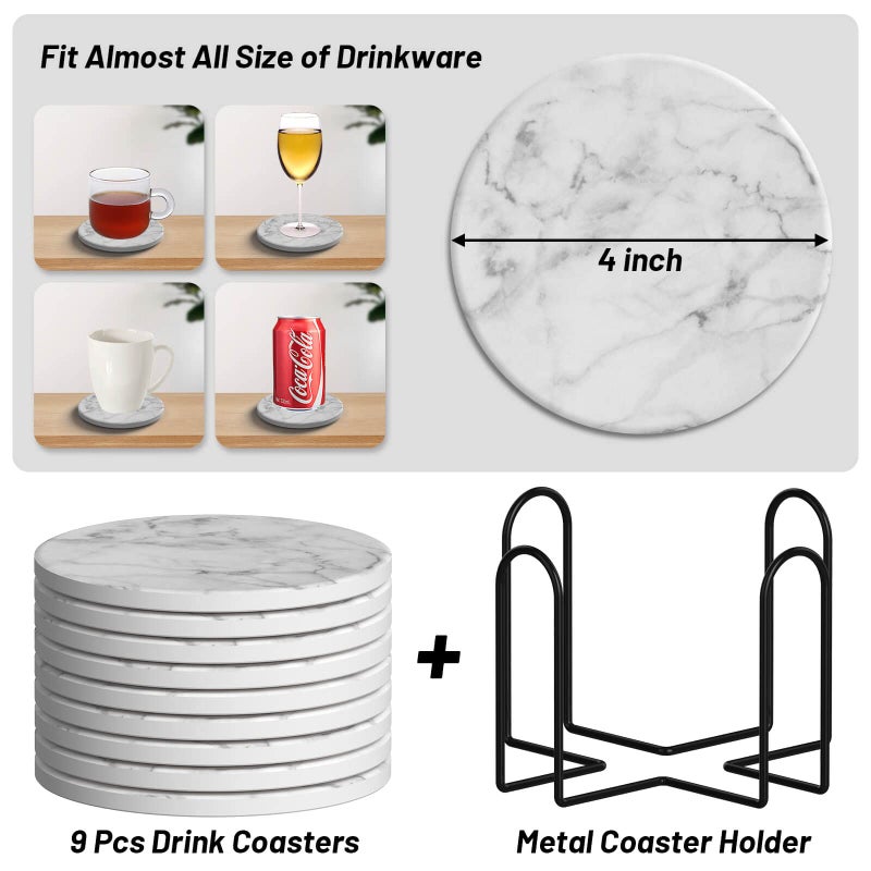 Billbotk 9 Pieces Ceramic Coasters for Drinks with Holder, Absorbent Drink Coasters for Coffee Table, Marble Style Coasters Wooden Table, Suitable for Kinds of Cups, 4 Inches - Image 3