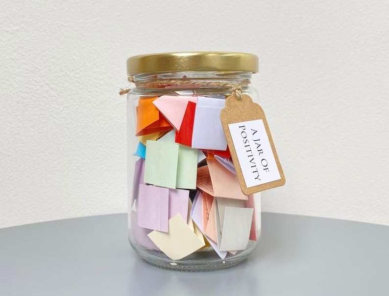 ARUZEN Glass Modern/Minimalist Jar Of Quotes - 50 Quotes/Post - Self Care, Wellness, Mental Health - Multicolor - 8cm x 8cm x 8cm - 200g - Airtight - Flip Top - For Arts & Crafts - Image 5