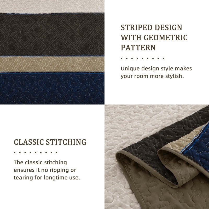 Cottolester Quilt Set Queen Size 3 Pieces,Striped Plaid Bedspread Coverlet Set,Brown Blue Boho Bedding Set Soft Microfiber Bedding Set with 2 Pillow Shams 96"x90" - Image 5