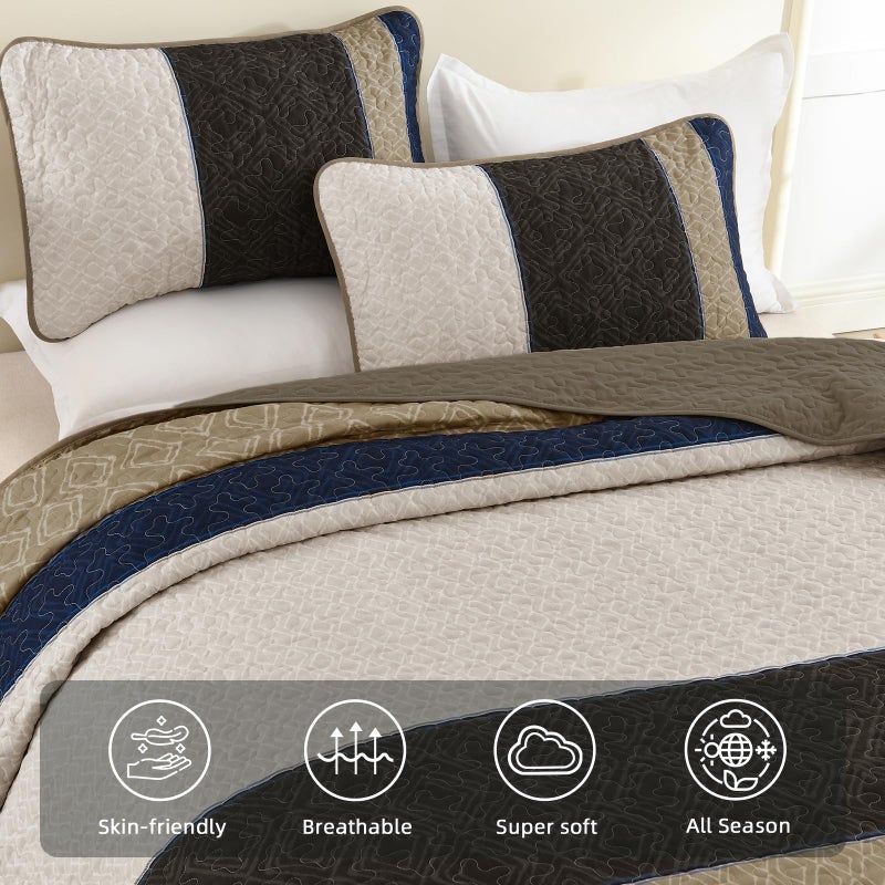 Cottolester Quilt Set Queen Size 3 Pieces,Striped Plaid Bedspread Coverlet Set,Brown Blue Boho Bedding Set Soft Microfiber Bedding Set with 2 Pillow Shams 96"x90" - Image 4