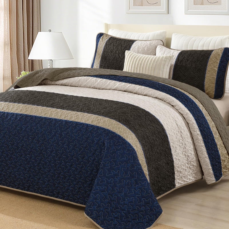 Cottolester Quilt Set Queen Size 3 Pieces,Striped Plaid Bedspread Coverlet Set,Brown Blue Boho Bedding Set Soft Microfiber Bedding Set with 2 Pillow Shams 96"x90" - Image 1