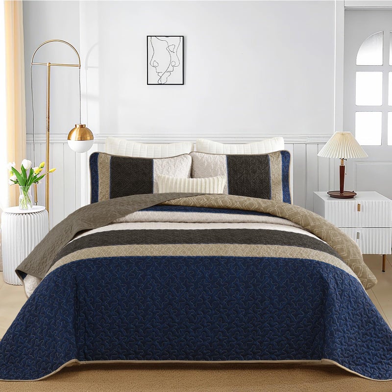Cottolester Quilt Set Queen Size 3 Pieces,Striped Plaid Bedspread Coverlet Set,Brown Blue Boho Bedding Set Soft Microfiber Bedding Set with 2 Pillow Shams 96"x90" - Image 2